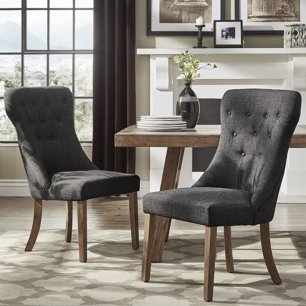 Set of 2, Light Distressed Natural Finish Dark Grey Linen Tufted Dining Chair. Picture 2