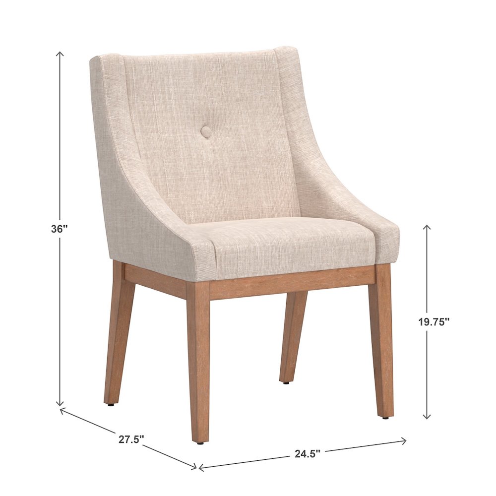 Set of 2, Light Distressed Natural Finish Beige Linen Curved Arm Dining Chair. Picture 4