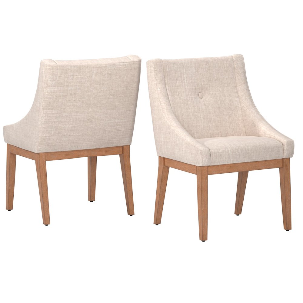 Set of 2, Light Distressed Natural Finish Beige Linen Curved Arm Dining Chair. Picture 7