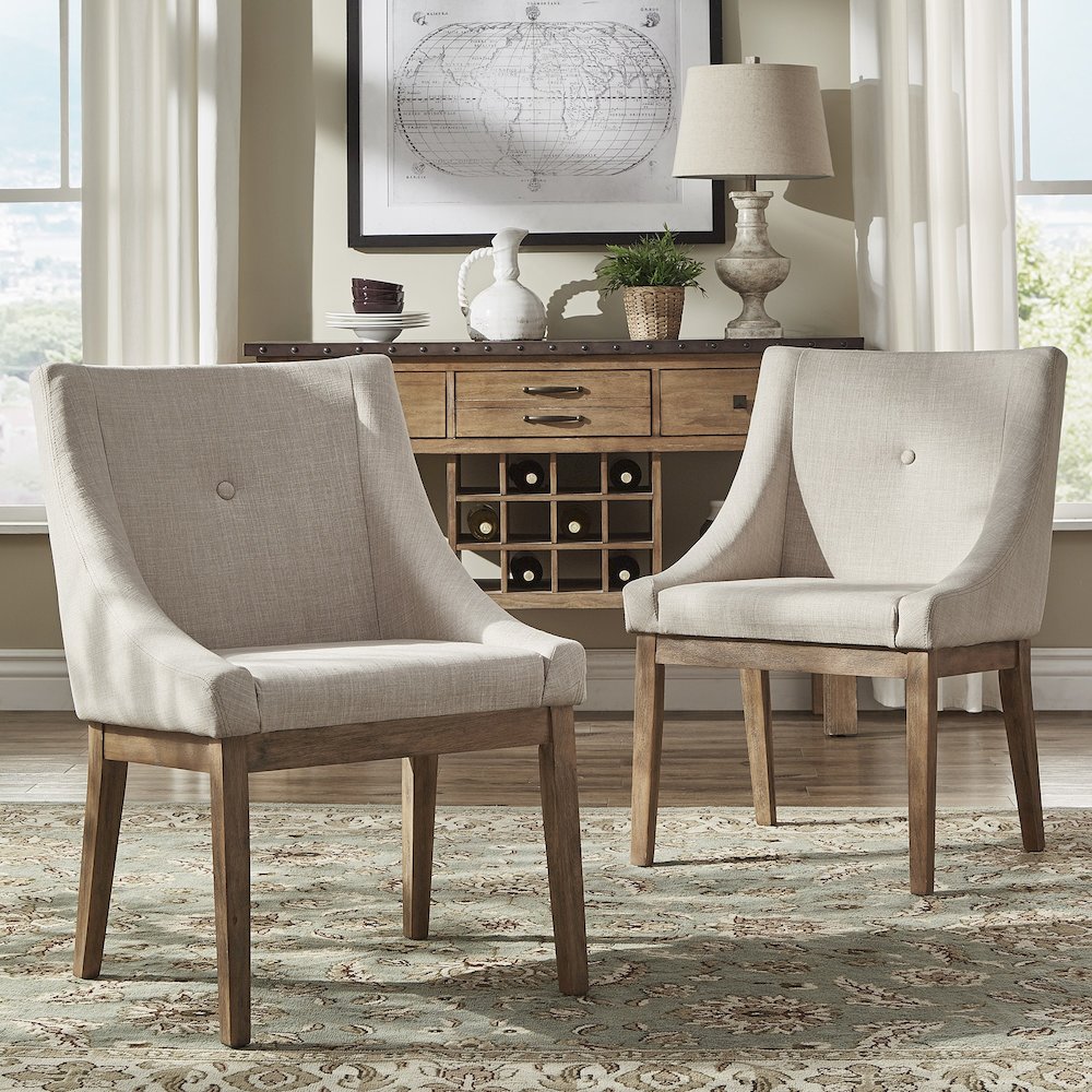 Set of 2, Light Distressed Natural Finish Beige Linen Curved Arm Dining Chair. Picture 1
