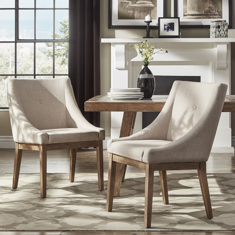 Set of 2, Light Distressed Natural Finish Beige Linen Curved Arm Dining Chair. Picture 2