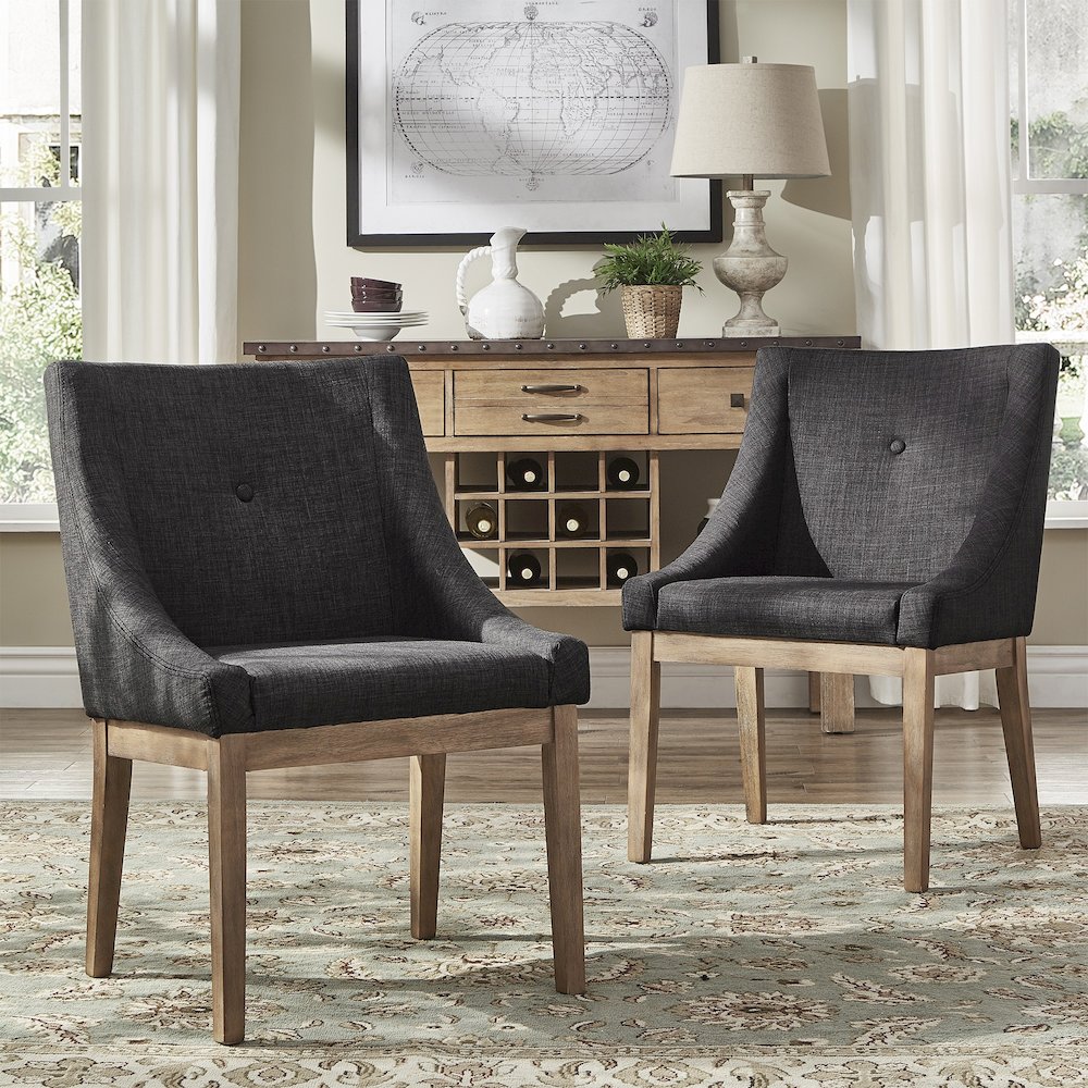 Set of 2, Light Distressed Natural Finish Dark Grey Linen Dining Chair. Picture 1
