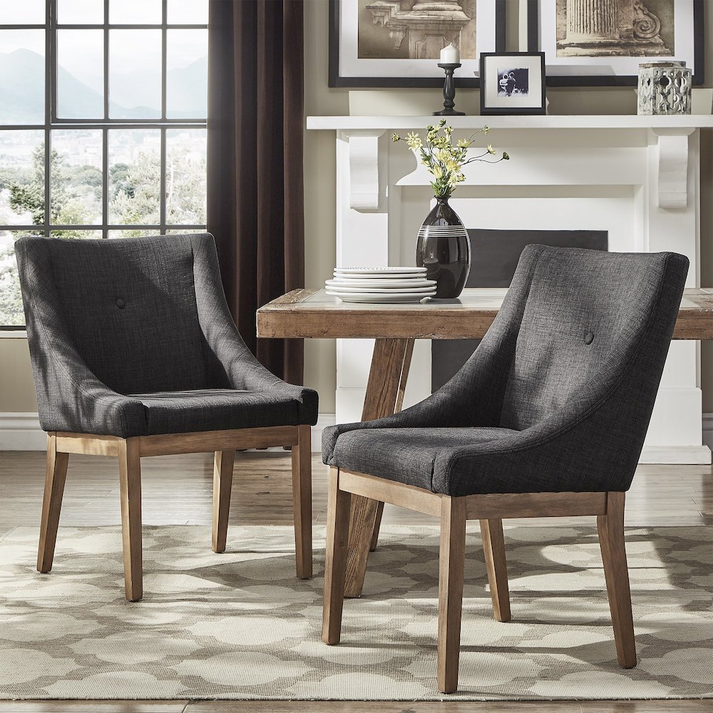 Set of 2, Light Distressed Natural Finish Dark Grey Linen Dining Chair. Picture 2