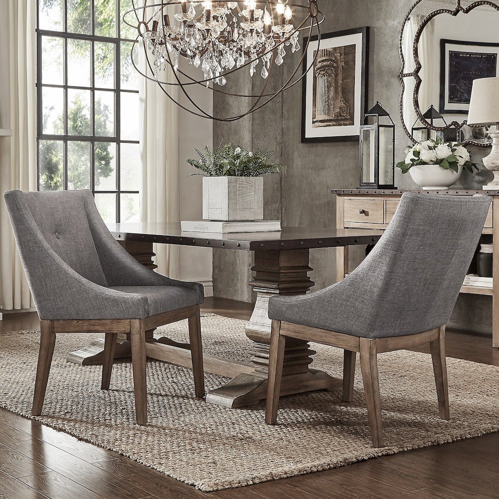 Set of 2, Light Distressed Natural Finish Grey Linen Curved Arm Dining Chair. Picture 1