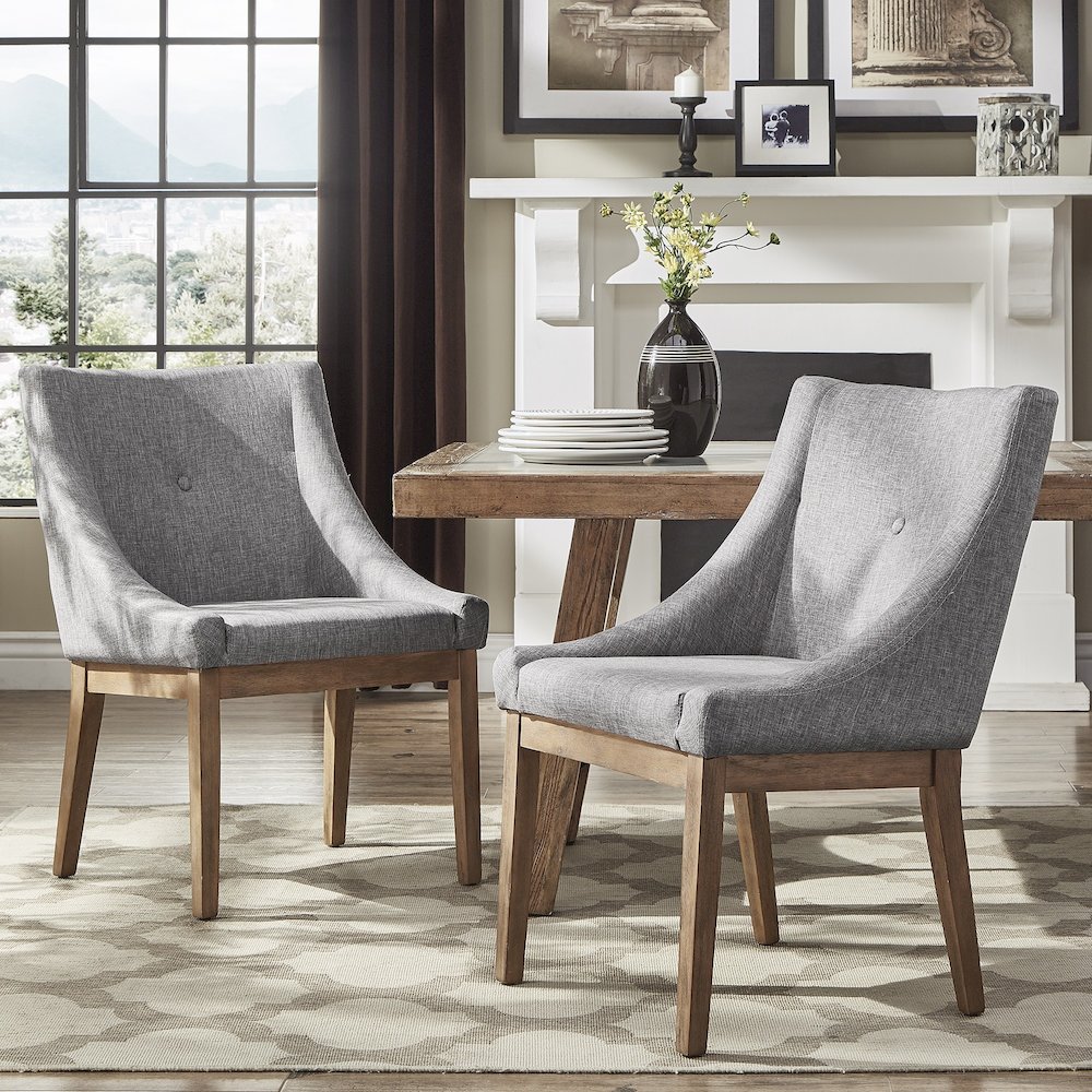 Set of 2, Light Distressed Natural Finish Grey Linen Curved Arm Dining Chair. Picture 2