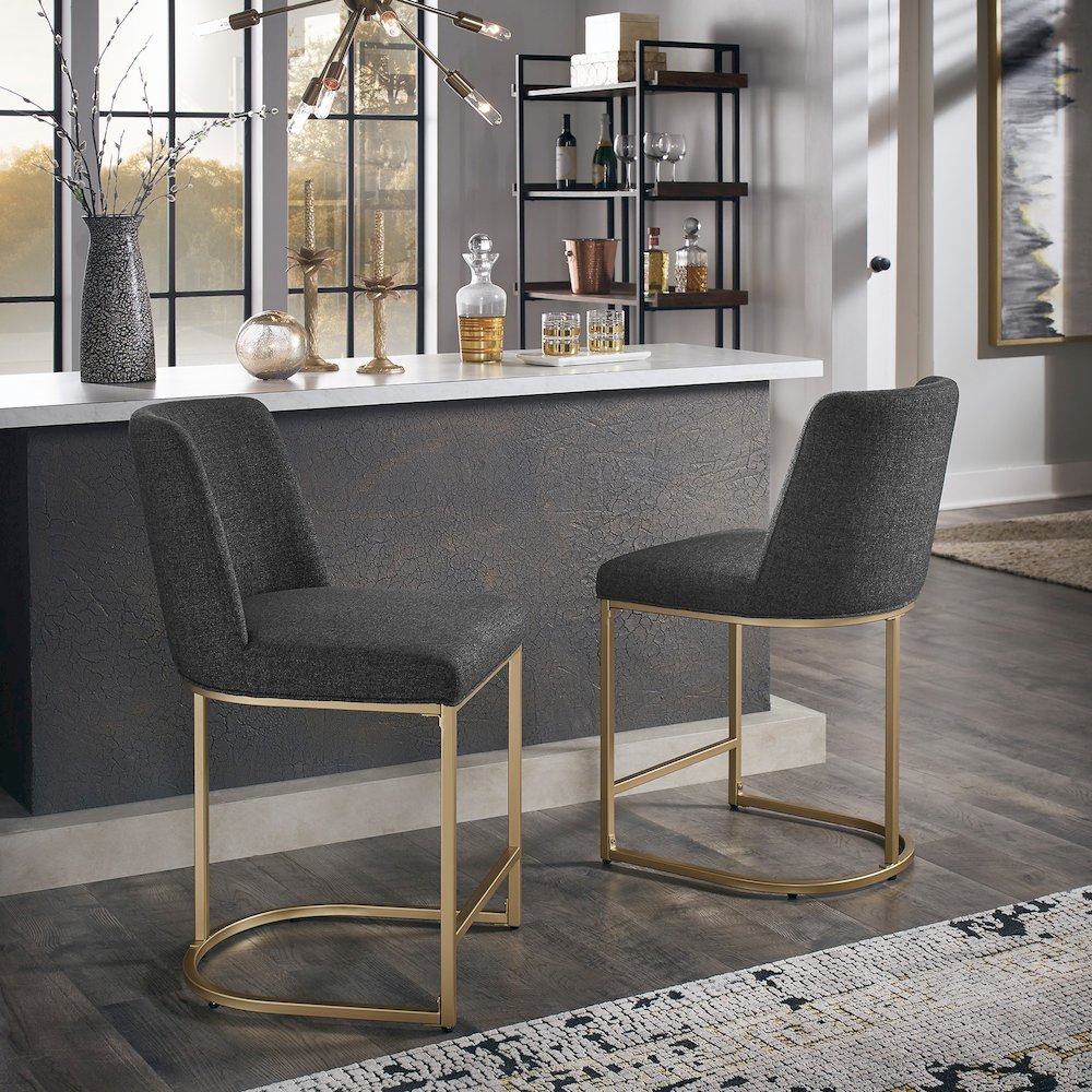 Set of 2, Gold Finish Black Heathered Weave Curve Back Counter Height Chair. Picture 1