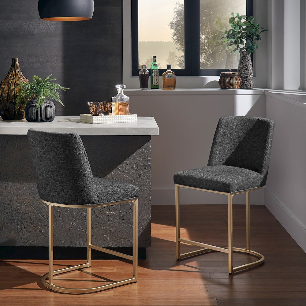 Set of 2, Gold Finish Black Heathered Weave Curve Back Counter Height Chair. Picture 2