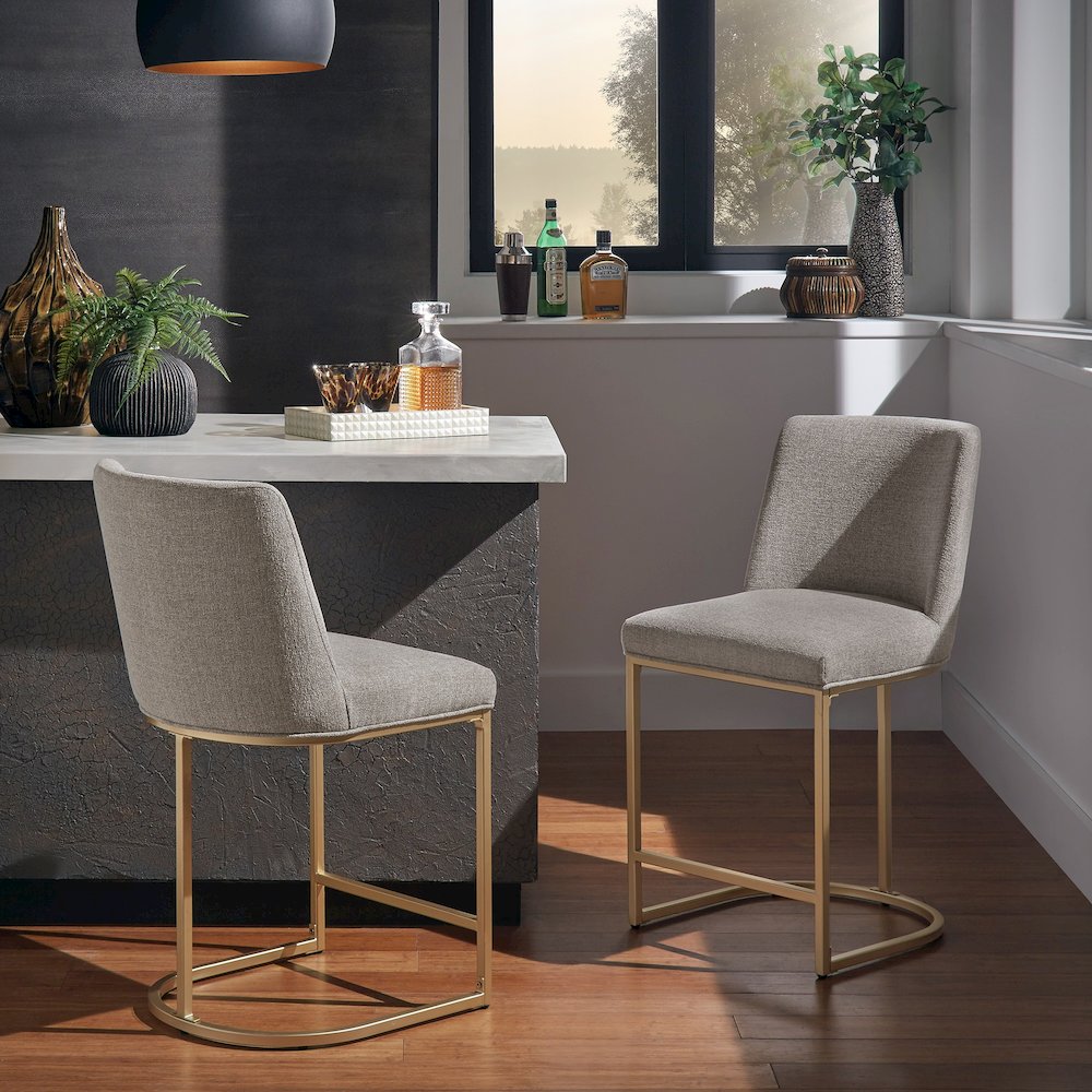 Set of 2, Gold Finish Light Grey Heathered Weave Curve Back Counter Height Chair. Picture 2