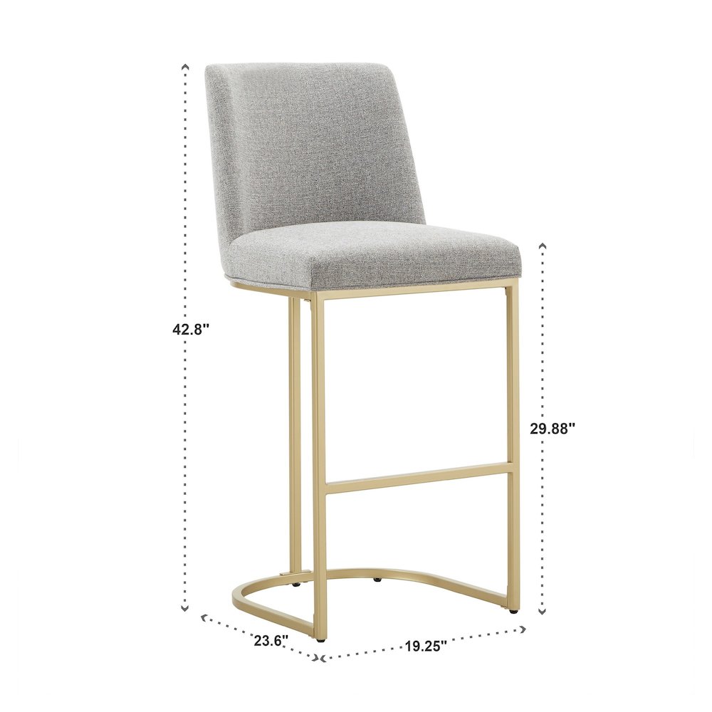 Set of 2, Gold Finish Light Grey Heathered Weave Curve Back Bar Height Chair. Picture 4