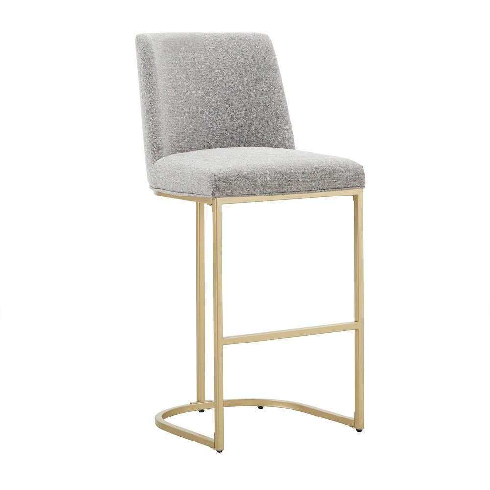 Set of 2, Gold Finish Light Grey Heathered Weave Curve Back Bar Height Chair. Picture 5