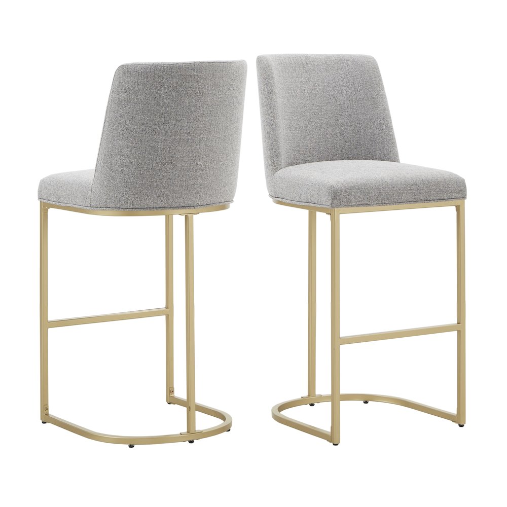 Set of 2, Gold Finish Light Grey Heathered Weave Curve Back Bar Height Chair. Picture 7