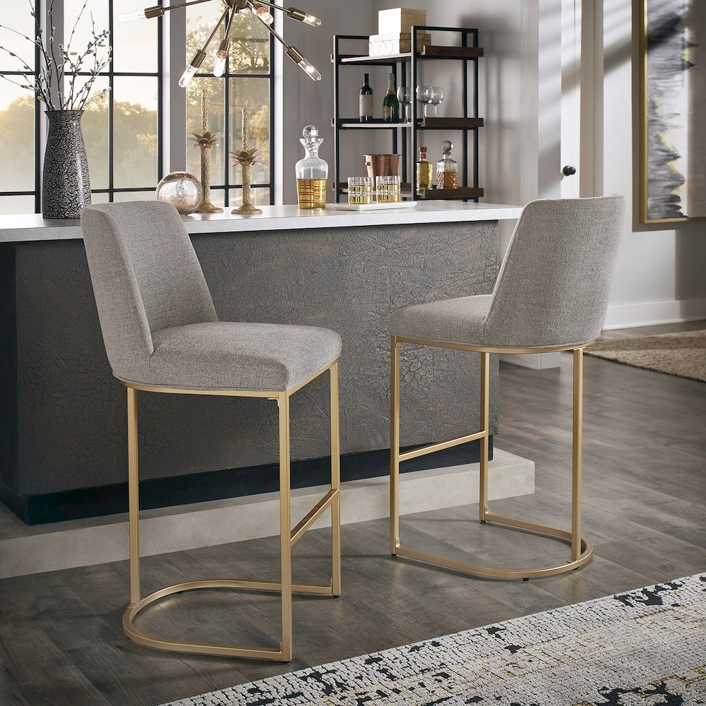 Set of 2, Gold Finish Light Grey Heathered Weave Curve Back Bar Height Chair. Picture 1