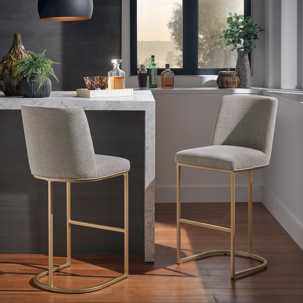 Set of 2, Gold Finish Light Grey Heathered Weave Curve Back Bar Height Chair. Picture 2