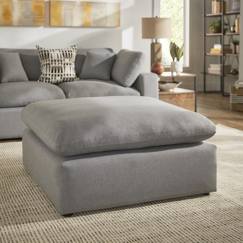 Grey Linen Weave Fabric Ottoman With 1 Down Feather Seat Cushion. Picture 1