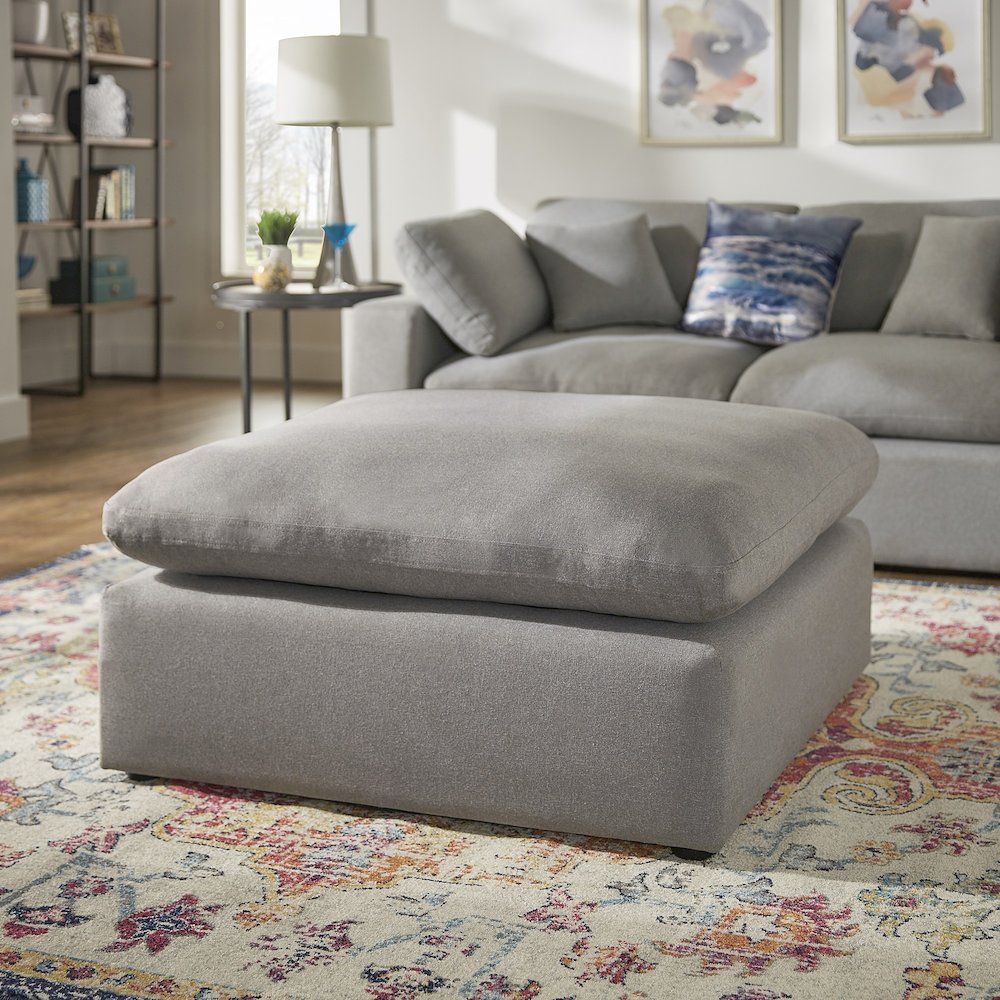 Grey Linen Weave Fabric Ottoman With 1 Down Feather Seat Cushion. Picture 2