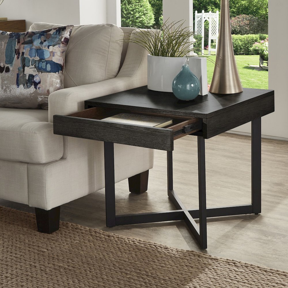 Black Finish End Table With 1 Drawer. Picture 1