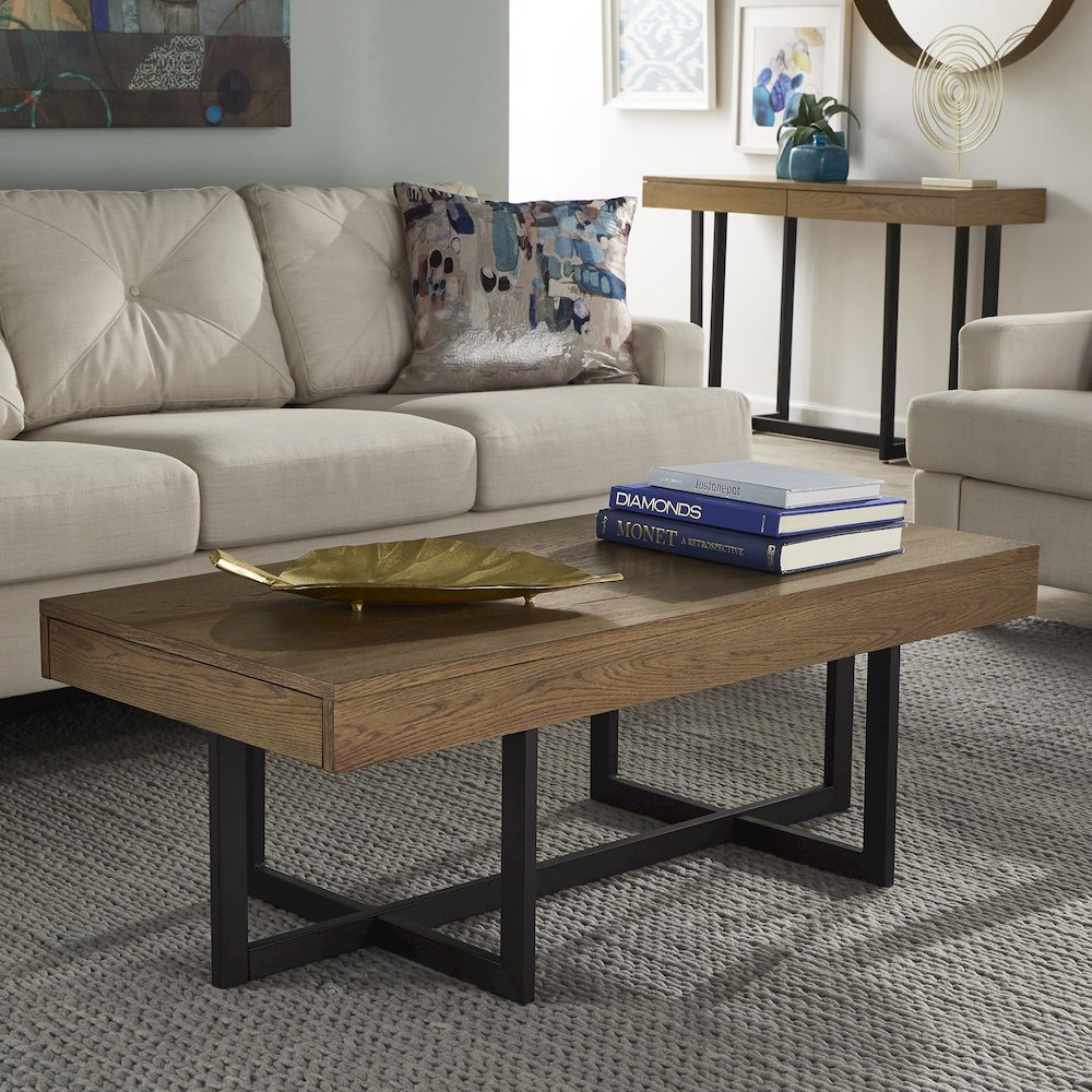 Brown Finish Coffee Table With 2 Drawers. Picture 1