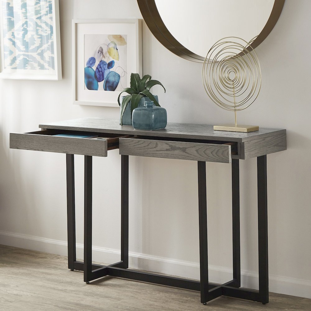 Grey Finish Sofa Table With 2 Drawers. Picture 1
