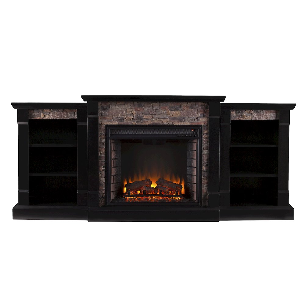 Gallatin Electric Fireplace with Bookcases - Black with Black River Faux Stone. Picture 7