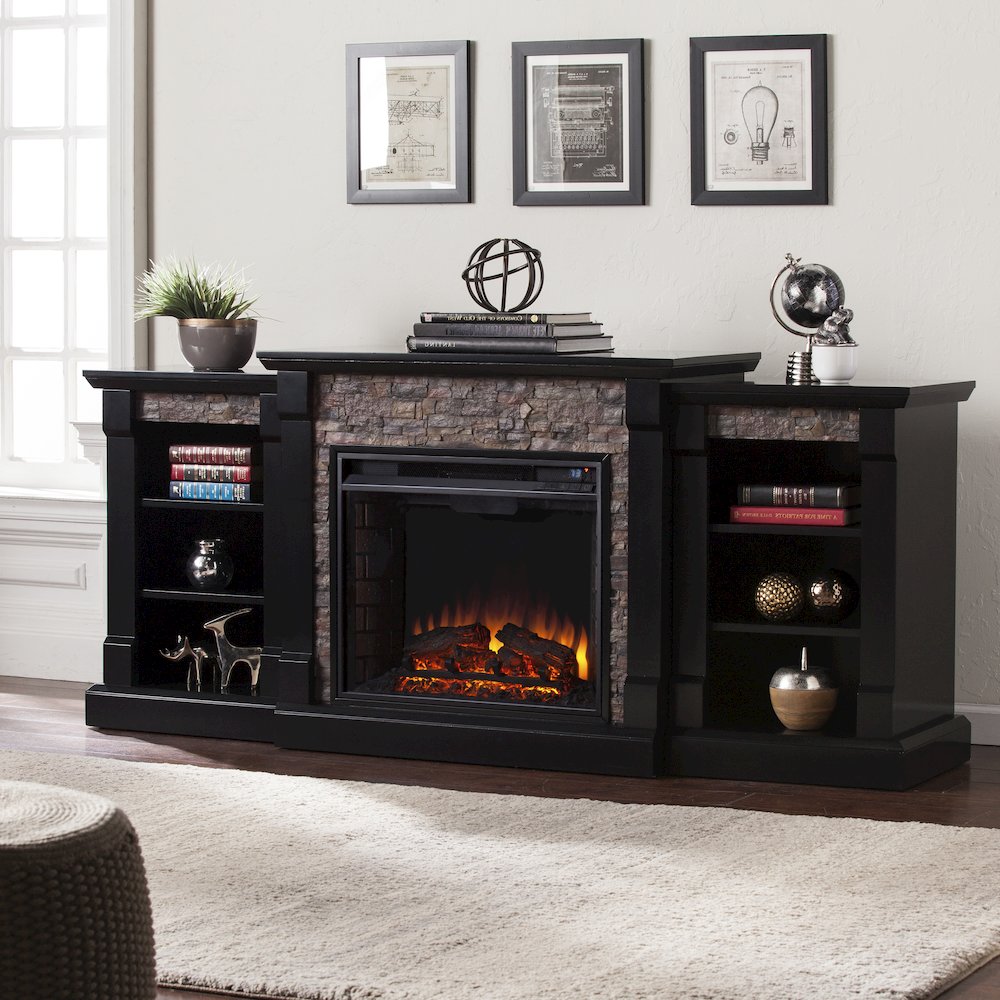 Gallatin Electric Fireplace with Bookcases - Black with Black River Faux Stone. Picture 2