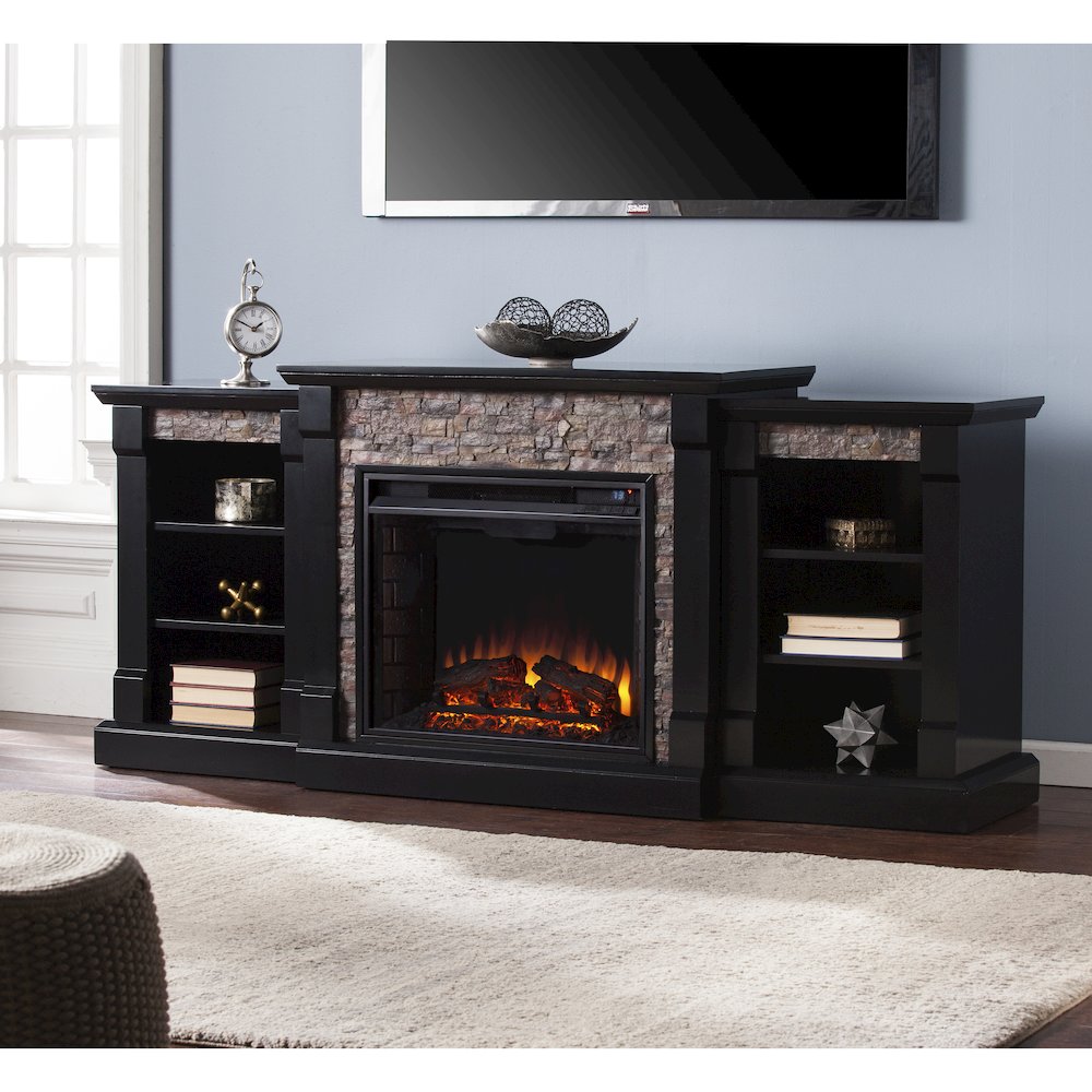 Gallatin Electric Fireplace with Bookcases - Black with Black River Faux Stone. Picture 3