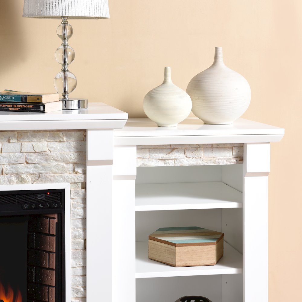 Gallatin Electric Fireplace with Bookcases – White with White Faux Stone. Picture 4