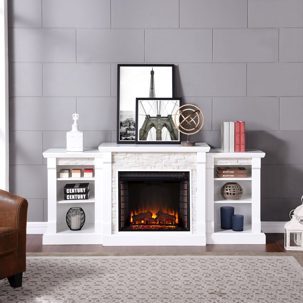 Gallatin Electric Fireplace with Bookcases – White with White Faux Stone. Picture 2