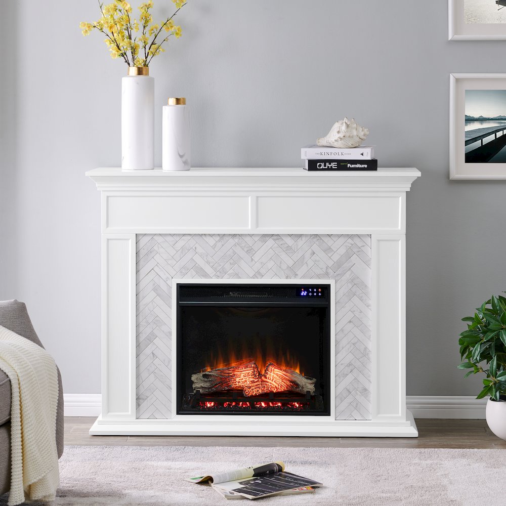 Torlington Marble Tiled Touch Screen Electric Fireplace. Picture 2