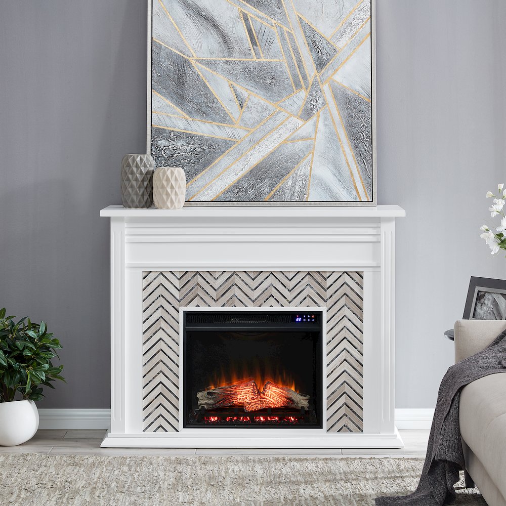 Hebbington Tiled Marble Electric Fireplace with Touch Screen. Picture 2