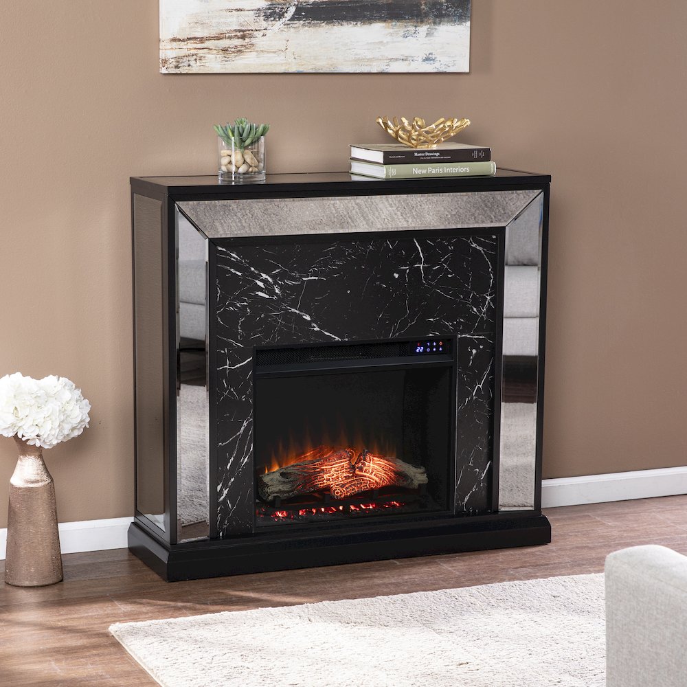 Trandling Mirrored Touch Screen Fireplace with Faux Marble. Picture 2