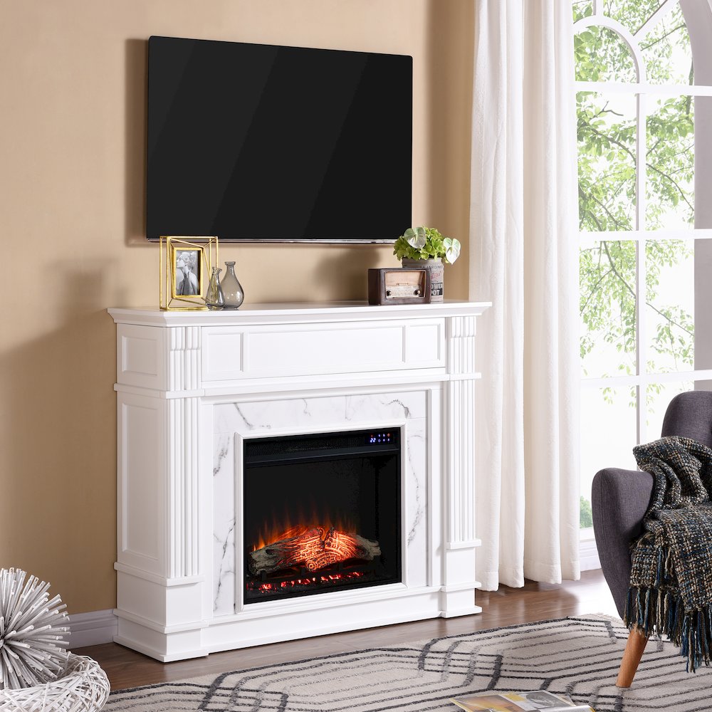 Highgate Faux Cararra Marble Touch Screen Electric Media Fireplace. Picture 2