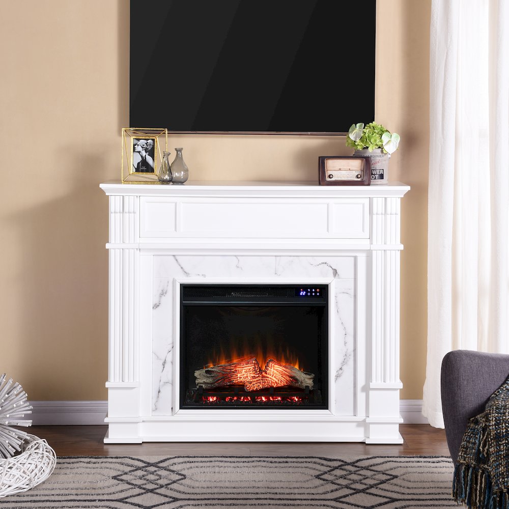 Highgate Faux Cararra Marble Touch Screen Electric Media Fireplace. Picture 3