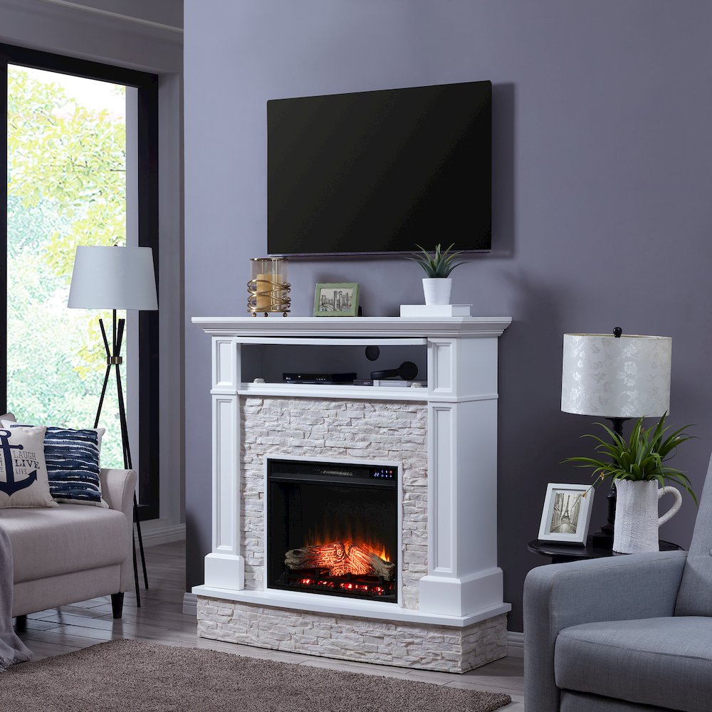 Jacksdale Touch Screen Electric Media Fireplace with Faux Stone. Picture 3