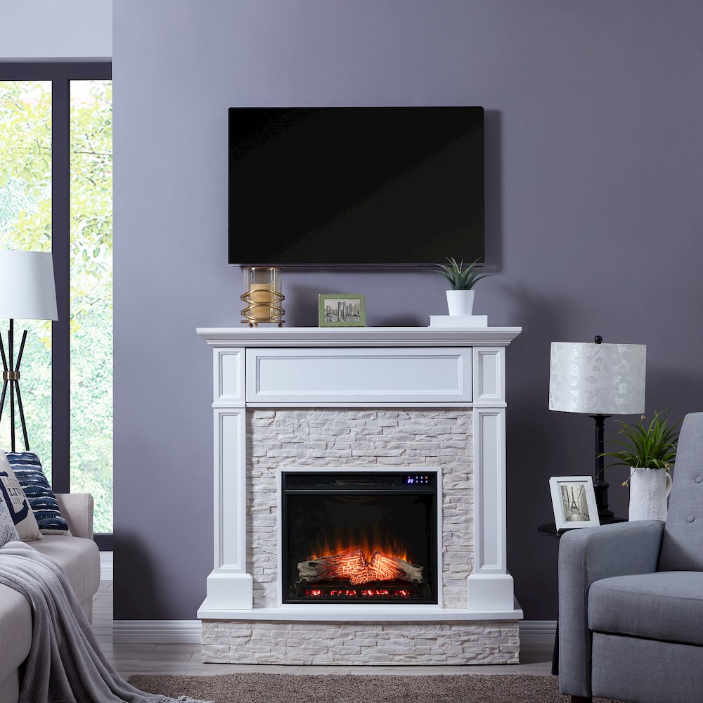 Jacksdale Touch Screen Electric Media Fireplace with Faux Stone. Picture 2