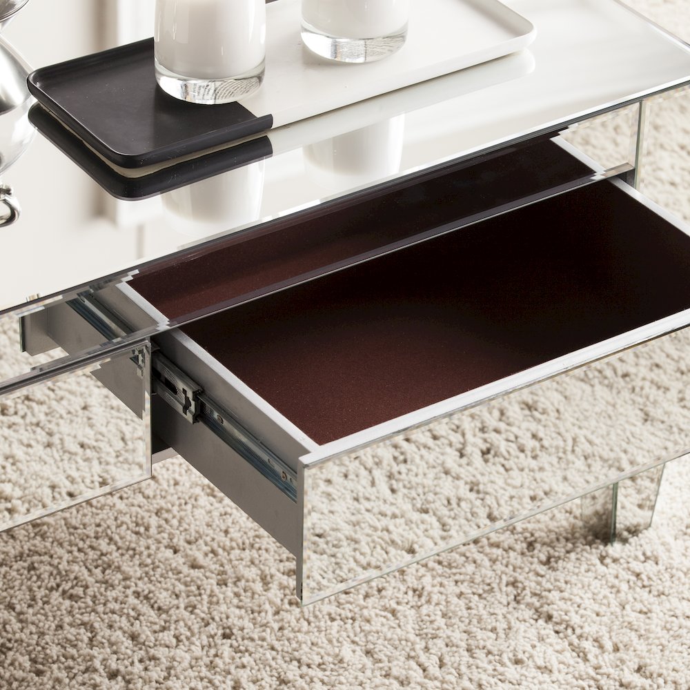 Darien Mirrored Coffee Table Storage in Silver Color. Picture 4