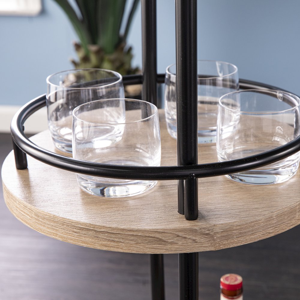 Dagney Wine/Bar Table with Glassware Storage – Natural and Black Finish. Picture 4