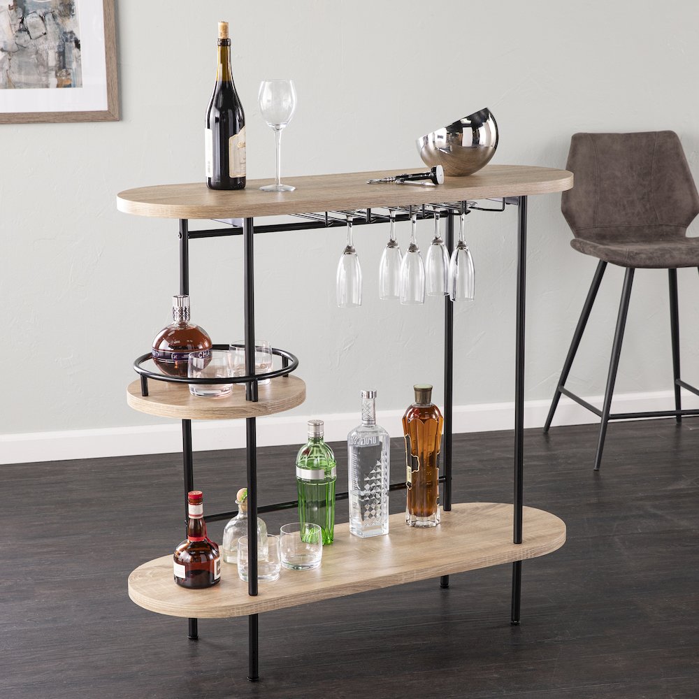 Dagney Wine/Bar Table with Glassware Storage – Natural and Black Finish. Picture 2