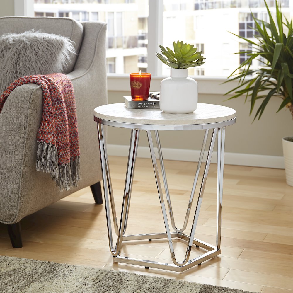 Luna Round Faux Stone End Table in Silver Color. Picture 3