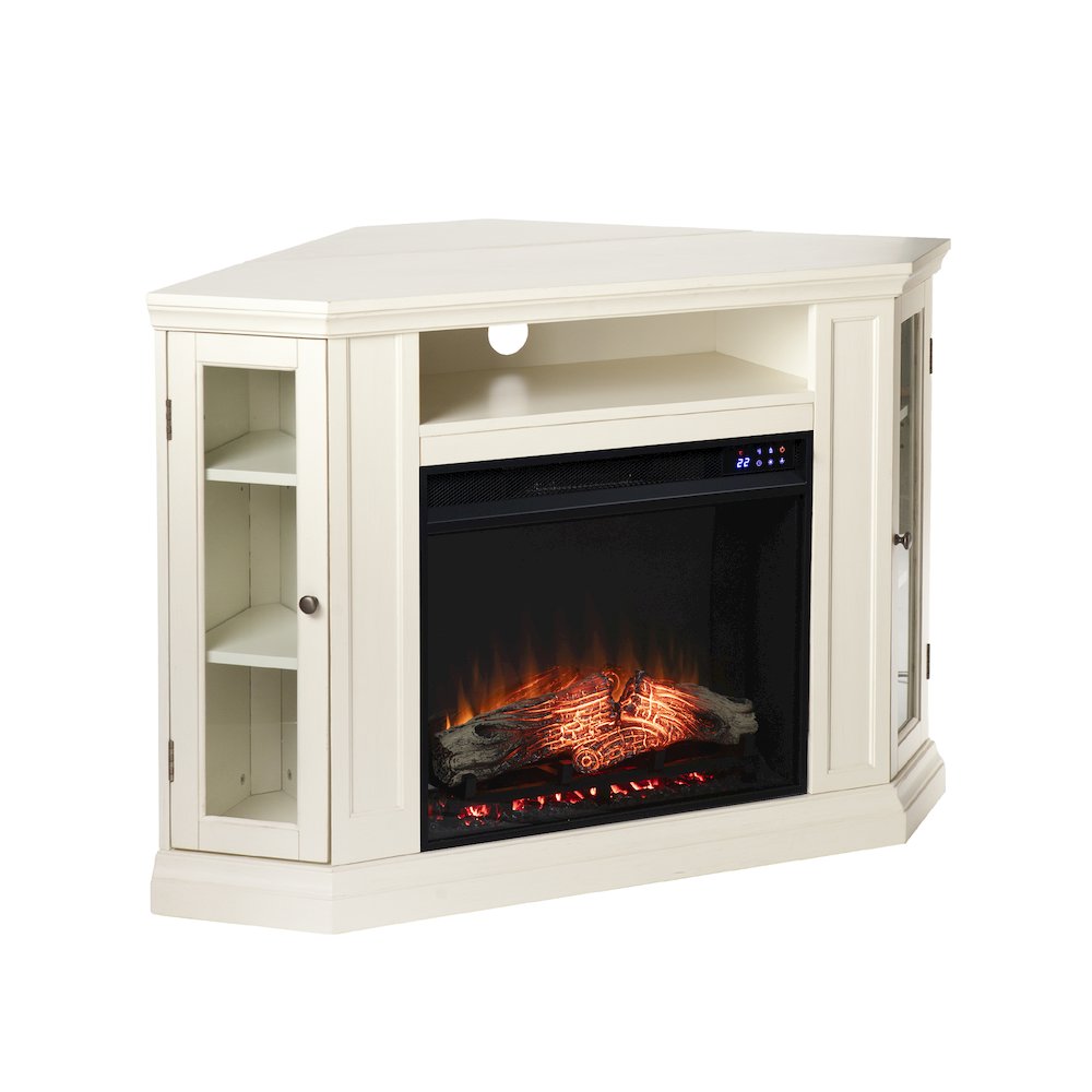 Claremont Electric Corner Touch Screen Fireplace Storage in White Color. Picture 1