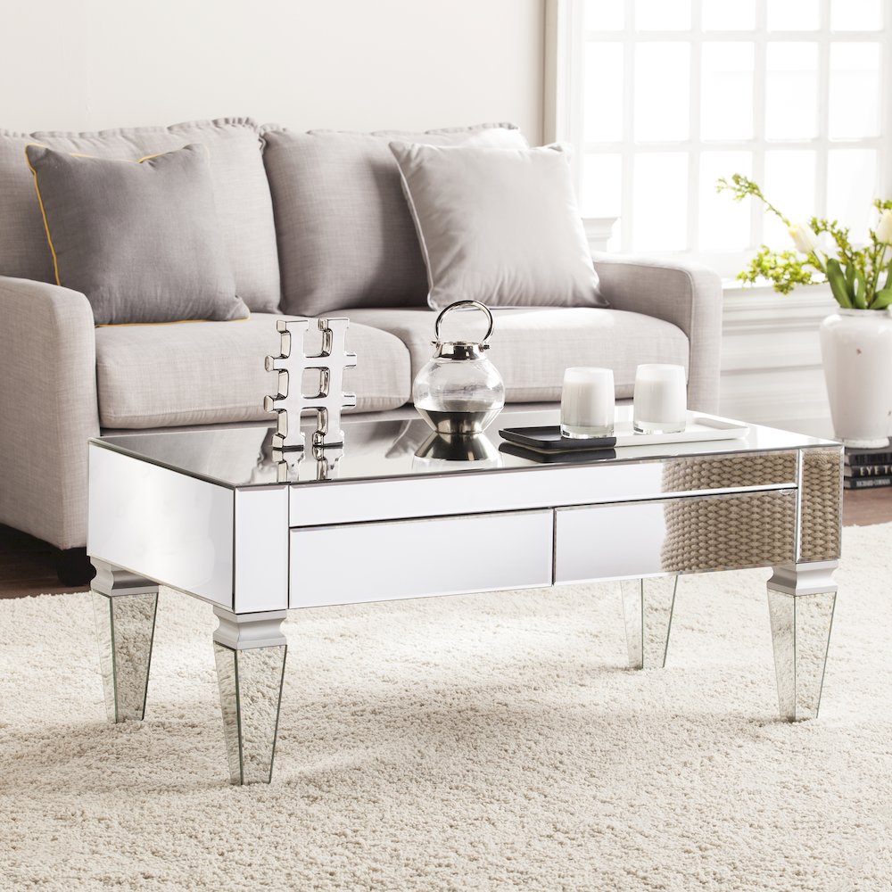 Darien Mirrored Coffee Table Storage in Silver Color. Picture 3