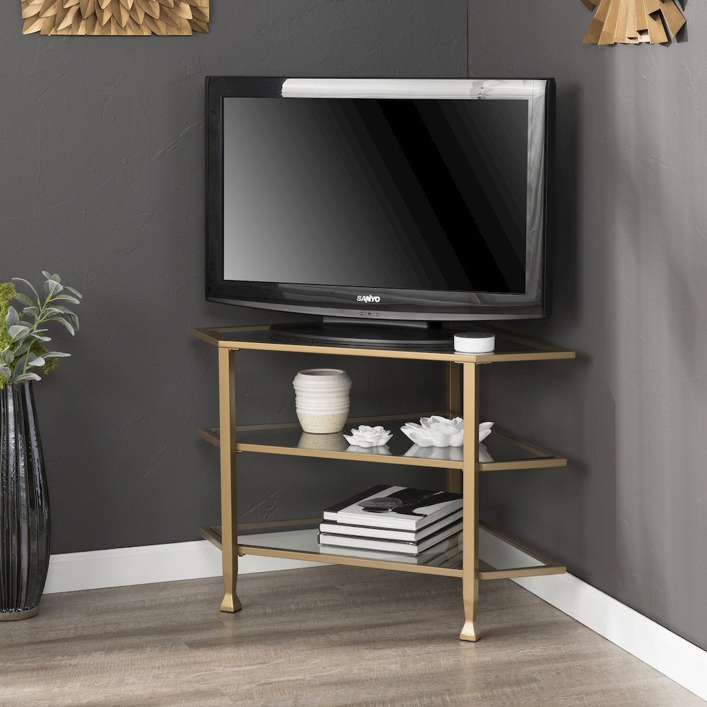 Jaymes Metal/Glass Corner TV Stand. Picture 2