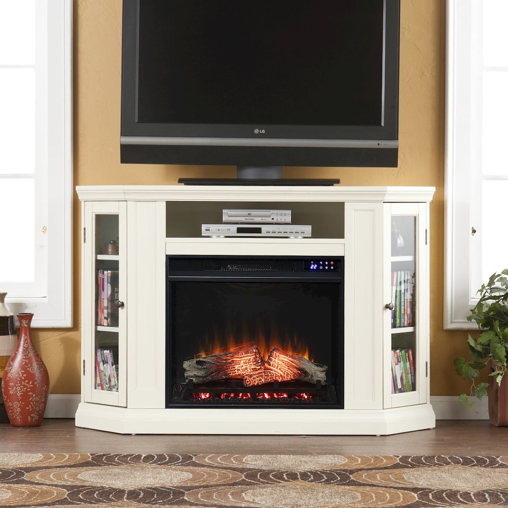Claremont Electric Corner Touch Screen Fireplace Storage in White Color. Picture 3