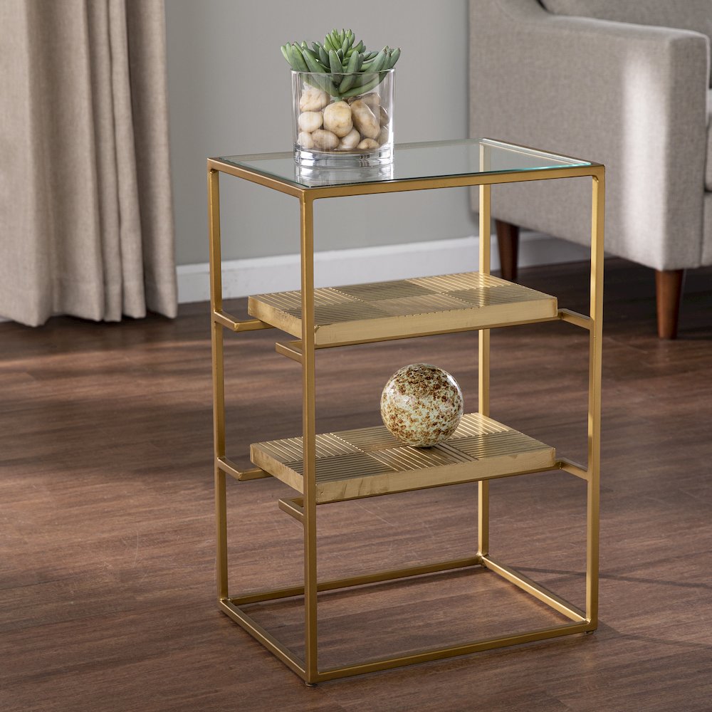 Penketh Glass-Top End Table with Storage. Picture 2