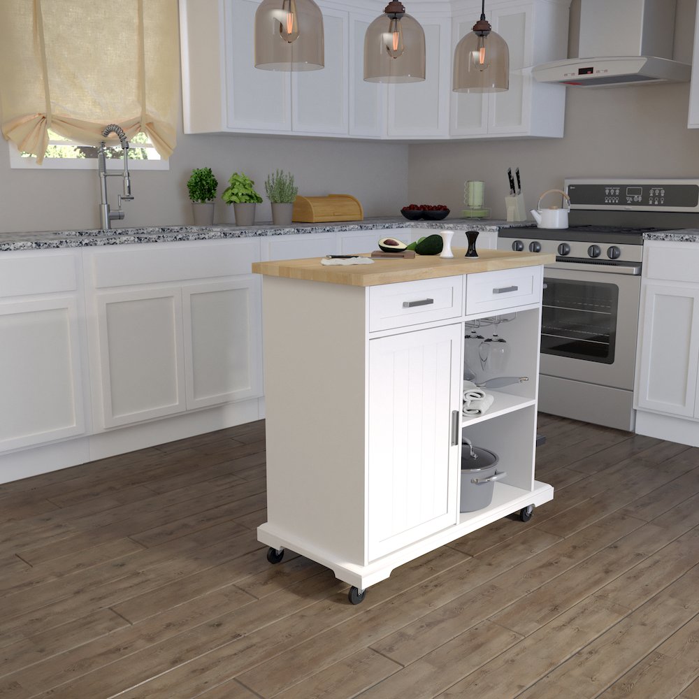 Warkin Rolling Kitchen Island Storage in White Color. Picture 3