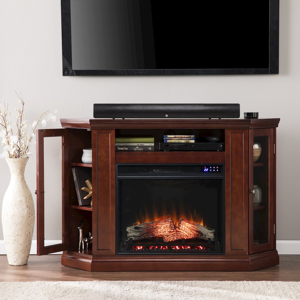 Claremont Electric Corner Touch Screen Fireplace Storage in Brown Color. Picture 3