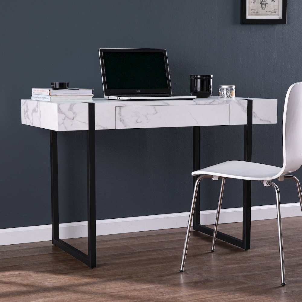 Rangley Modern Faux Marble Desk in White Color. Picture 3