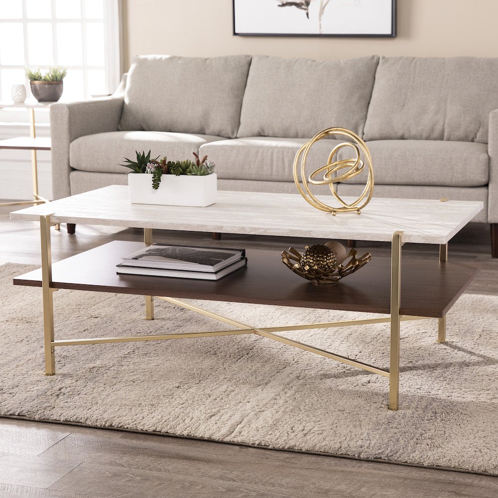 Ardmillan Rectangular Cocktail Table Storage in Brass Color. Picture 3