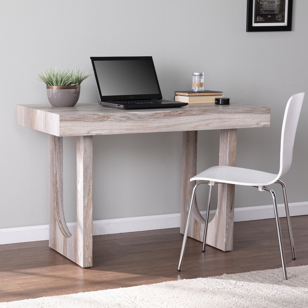 Chadkirk Faux Marble Writing Desk in Brown Color. Picture 3