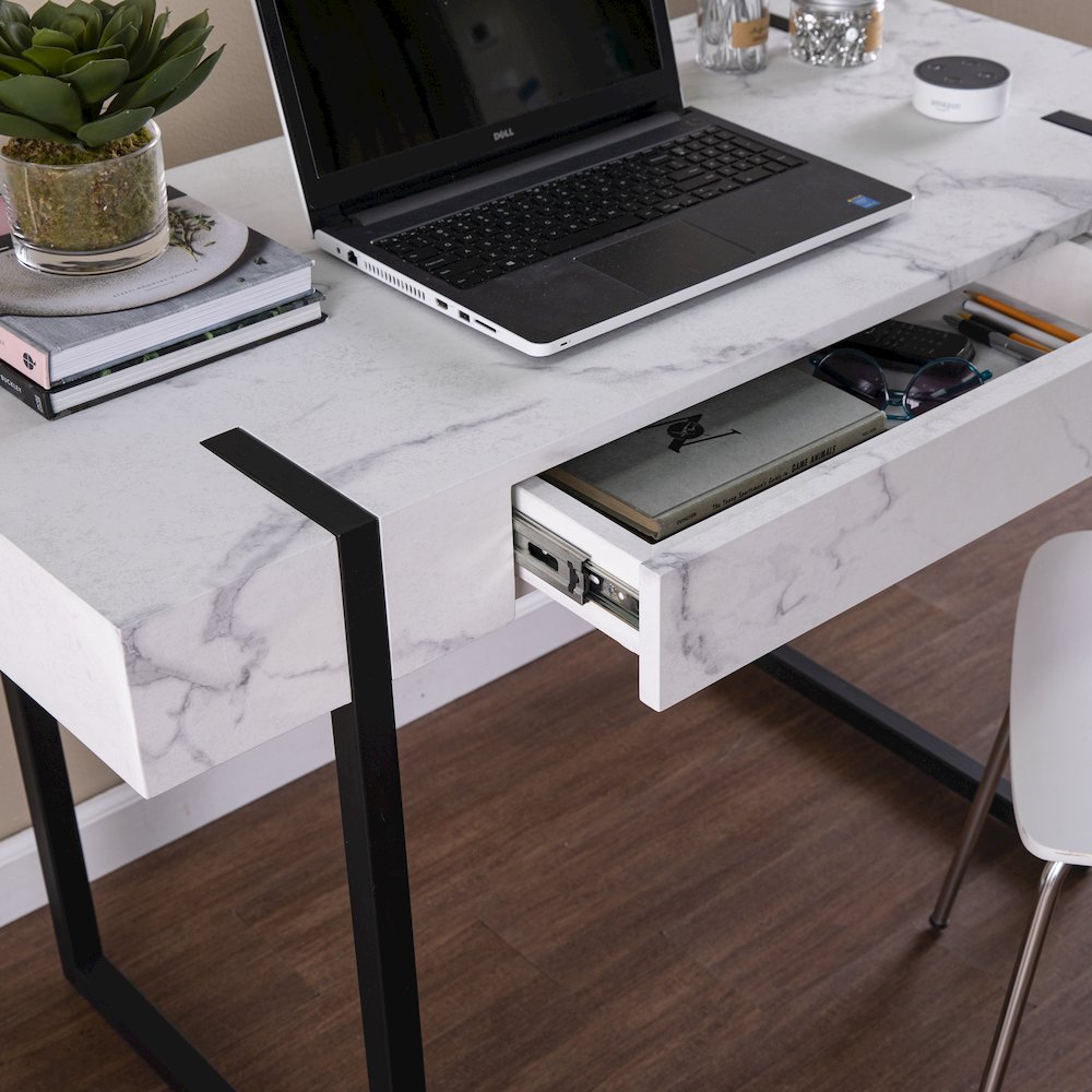 Rangley Modern Faux Marble Desk in White Color. Picture 4