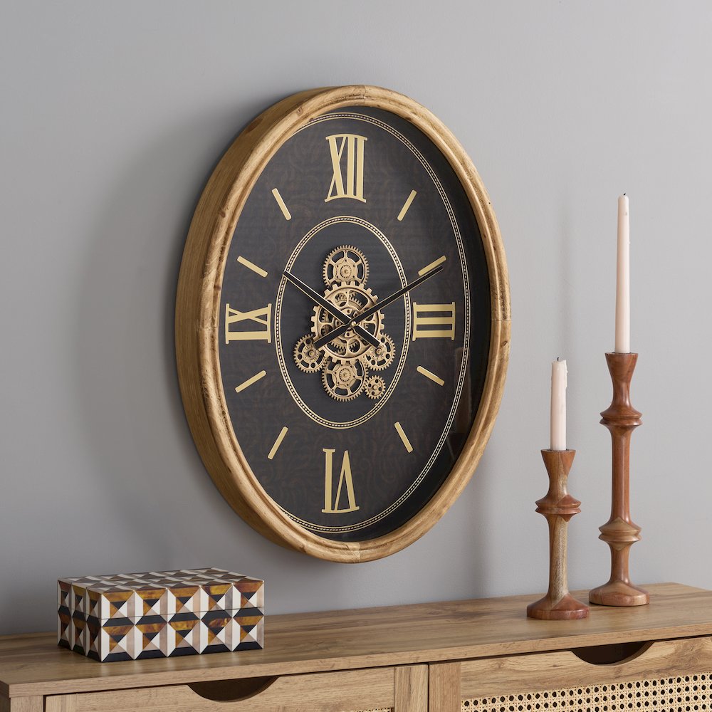 Effi Oval Roman 4 Number Gear Clock/Black/Gold. Picture 1
